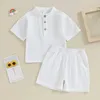 Kledingsets Babyjongen Zomerkleding Katoenlinnen Korte mouw Henley-shirts en shorts Set Toddler 2pcs Solid Outfit 6m-4Y H240508