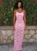 Bloemen kanten mesh pure roze jurken voor vrouwen 2024 zomervakantie spaghetti riem backless maxi jurk