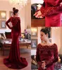 2019 Gorgeous Burgundy Dubai Muslim Evening Dresses Velvet Long Sleeves Luxury Beading Lace Arabic Islamic Abaya Mermaid Prom Part7273048