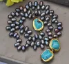 Anhänger Halsketten Z13137 19 '' 10mm Reis Pfauenschwarz Perlenkette goldplattierter rauer Stein türkis