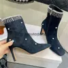 JC Jimmynessity Choo high Square Head Luxury Highheeled quality Designer Boots Sexy Genuine Leather Pearl Upper Drill Chain Boots Stiletto Heels Sheep Lining Ankle