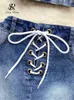 Tweedelige jurk singreiny chic hotswt denim pak dubbele borsten halter zipper top+cross verbanden rok outdoor strtwear sexy twee stuks pak y240508