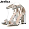 Sandali aneikeh silver lace-up bling cristallo sexy donna sexy tacco quadrato fibbia gladiatore da 10,5 cm pompe per matrimoni scarpe moda