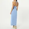 Summer Long Dresses Hanging Neck Backless Beach Light blue Dress For Women Solid Color Sleeveless V Neck Pleated Sundress Vestidos Largos