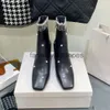 JC Jimmynessity Choo high Square Head Luxury Highheeled quality Designer Boots Sexy Genuine Leather Pearl Upper Drill Chain Boots Stiletto Heels Sheep Lining Ankle