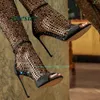 Stivali Peep Toe Rhinestone Sandals Sandals Air Mesh Stiletto Cavi alti per le donne taglie forti ginocchiera bianca nera