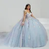 Sky Blue Shiny Quinceanera Dress Ball Suknia Koronka Korkietka Tull with Cape Mexico Sweet 16 Vestidos de XV 15 Anos