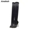 Sexy High Heels Sock Overknee-Stiefel speicherte Zehen Design Kristall Strass Stretch Stoff Stoffpol Danze Frauen Schuhe