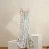 Damenkleid floral bedruckt gesammelte Taille Rückengurt Slip Midi Kleid