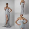 Plus Size Customized Mermaid Sleeveless Prom Dresses Strapless Evening Dress Crystal Sweep Train Split Zipper Party Bridesmaid Gown 0508