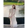 Robes de travail Fashion Casual Women's Suit set Summer Two-Piece Mesh Suspenten Long Robe Brand Couleur solide Couleur correspondant