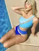 Damskie stroje kąpielowe cikini-jeden-element dla kobiet niebieski panel kontrastowy kolor siatki wycięcia kostium kąpielowy lato