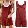 Kvinnors jumpsuits Rompers Summer Women Casual Slest Rompers Jumpsuit Button Pocket Suspenders Short Pants Cotton Linen Solid Color Overalls Clothing D240507