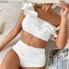 Swimwear féminin 2024 Nouveau bikini haute taille set de maillot de bain voltige Bathing Femme Femmes Swimwear Biquini Suit sexy Up Bikinis Push Mujer Solid WX