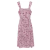 Sukienki swobodne w stylu francuskim retro siatka dla kobiet różowe eleganckie kwieciste kwieciste sami seksowne damskie mody sukienki mody bez ramiączek
