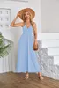 Summer Long Dresses Hanging Neck Backless Beach Light blue Dress For Women Solid Color Sleeveless V Neck Pleated Sundress Vestidos Largos