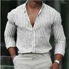 Chemises décontractées pour hommes 2024 Chemise de mode Stripe Impression Slim Couleur Vert Couleur Bleu Ciel Outdoor Street Vêtements à manches longues Design Chic