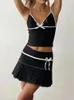 Arbetsklänningar Elegant Bow 2 Piece Set V Neck Camisole Crop Tops Pleated Mini Kjol Y2K Vintage Backless Cute Outfits Matching Sets