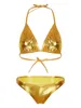 Frauen Badebekleidung Micro Bikini Set sexy glänzende Patentleder Dessous Sommer Badeanzug Neckholder Schnüre-up-BH-Tops mit Tanga