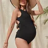 Maternité Couleur continue de maillot de bain Grossesse Backless Black Bikini Monokini Femmes Baignoir de la plage Baignoire en un morceau de maillot de bain 240507