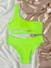 Women's Swimwear Neon Lime One Shoulder Bikini Swimsuit Women Two Piece 2024 Halter Set Summer Beach Bathing Suit