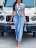 Beach Outlet For Women 2024 Summer Dress Ladies Cover Up Sexy Lapel Denim Print Suit Solid Polyester Pareo The Swimsuit