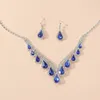 Halskettenohrringe Set 3 Stcs Eingelegtes Strassbraut Luxus Blau Kristall Schlüsselblatt Kette Tropfen Zwei-teilige Hochzeit