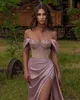 Exquisite Lavender Purple Mermaid Evening Dresses Arabic Stylish High Split Off Shoulder Party Prom Gowns Beads Sequins Top BC10344