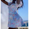 Lässige Kleider Designer -Kleid 2024 Frauen Blumentemperament Blasen Ärmel Mode Taille Cinching Blau trägerloser Kleid Plus Größe Kleider