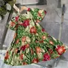 Girls Begonia flower printed falbala dresses kids designer princess clothing summer children puff sleeve beach holiday dress Z8025