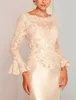 Vintage Lace Long Sleeve Mother Dresses Sheath Bateau Neck Appliques Top Knee Length Satin Mother of Bride Groom Dress Plus Size BC18174