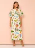 Women Hawaii Holiday Print Long Dress Short Sleeve Sashes Empire Waist Loose Vintage Retro Ladies Summer Beach Drsses 240423