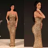 Gold Prom Dresses Column Strapless Sleeveless Lace Flower Pattern Appliques Beaded Celebrity Evening Dresses Plus Size Custom Made L24592