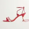 Dress Shoes Red Floral Print Pointed Toe Elegant Strappy Heeled Sandals