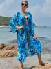 Stampa blu Kimono Beach Dress Sarongs Cover-Ups Swimwear Pareo Tunic Bareding Abita al bagnomaria Sasa De Praia Bikini Copertura Q1169