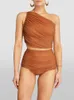 Swimwear féminin Impression solide de maillot de bain à une épaule pour femmes Bikini haute taille en deux pièces avec jupe 2024 Chaisseur de bain