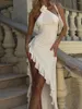 Повседневные платья Y2K 3D цветочная аппликация Halter Ruffle Split Long Midi Elegant Sexy Summer White Plase Plase Beach