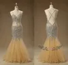 Sparkly Champagne Mermaid goedkope prom -jurken met bling kristallen kralen Backless Long Tule Zie door middel van taille sequolin kralen evenin4497255