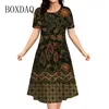 Casual Dresses Vintage Ethnic 3D Print Summer Women O-Neck Kort ärm Löst A-Line Dress Fashion Plus Size 6xl Retro kläder