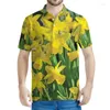 Polos de polos masculinos colorido narcodil 3d impressão de pólo floral masculino de verão casual de mangas curtas plantas de camiseta de tamanho grande