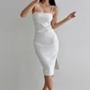 Casual Dresses Women Straight Neck Ruched Design Midi Dress With Thigh Split
