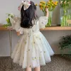Vestidos de menina 1-6y de verão elegante moda todos combinam vestido de princesa impressão coreana vintage fofa crianças kawaii bordando roupas infantis