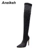 Sexy High Heels Sock Overknee-Stiefel speicherte Zehen Design Kristall Strass Stretch Stoff Stoffpol Danze Frauen Schuhe