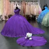Lila bollklänning prinsessan quinceanera klänningar spetsar applikationer från axel snörning korsett söt 16 klänning prom vestidos xv anos