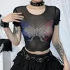 Kvinnors Black Street Cyberpunk Subcultural Top Street Love Skull Print BM Style Dance Spicy Girl Open Navel Short T-shirt Women