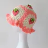 Strawberry knitted Y2k Crochet Hollow Flower Bucket Hat Women Cotton Handmade Girl Autumn Sweet Cute Basin Hat Wholesale 240430