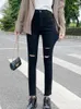 Dżinsy damskie S-5xl High Etrime Raped Black Women Pocket Pocket Slim Denim Panted Zniszczona chuda kostka