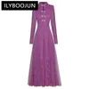 Casual Dresses Ilyboojun Fashion Spring Women's Dress Stående krage Långärmad pärlknapp Mesh Patchwork spets Slim Elegant