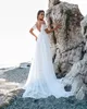 Simple Boho Beach A Line Murffon Robes de mariée Spaghetti Stracles de l'épaule des robes de mariée blanches modernes Sweep Train Backless Bride Vestidos de Novia CL3549