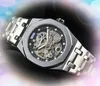 Heren Hollow Skeleton Dial horloges Stopwatch Mechanische luxe automatische beweging Clock Solid Fine roestvrij staalpresident Groothandel mannelijke geschenken polshorloges